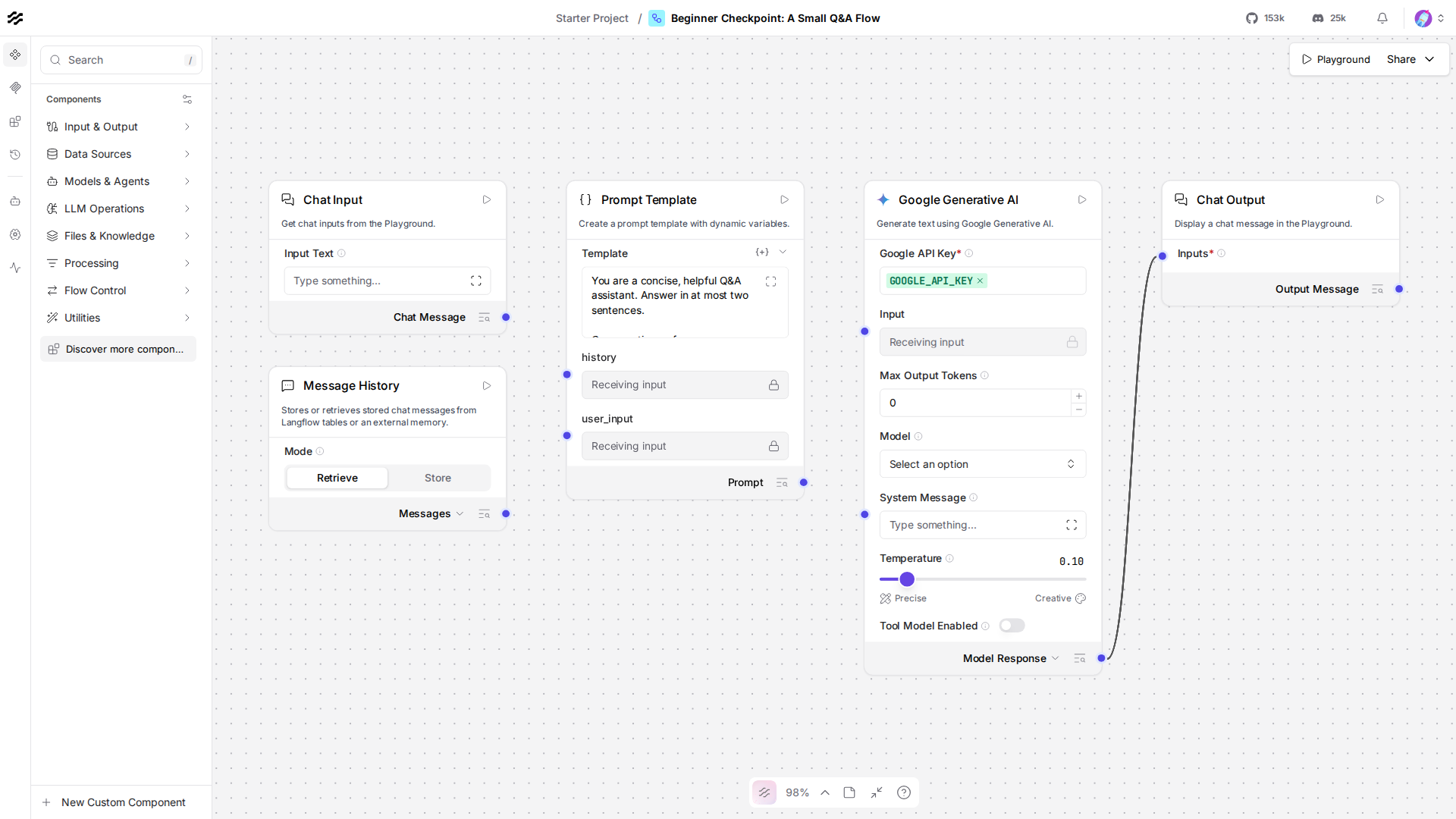 Langflow canvas showing the completed beginner checkpoint Q&A flow with memory