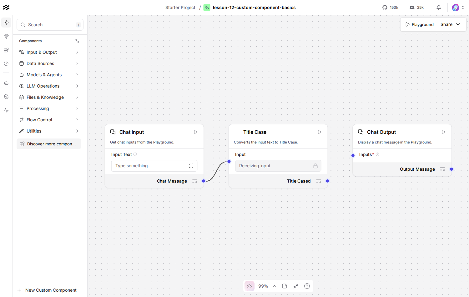 Langflow canvas showing Chat Input connected to a custom Title Case component connected to Chat Output
